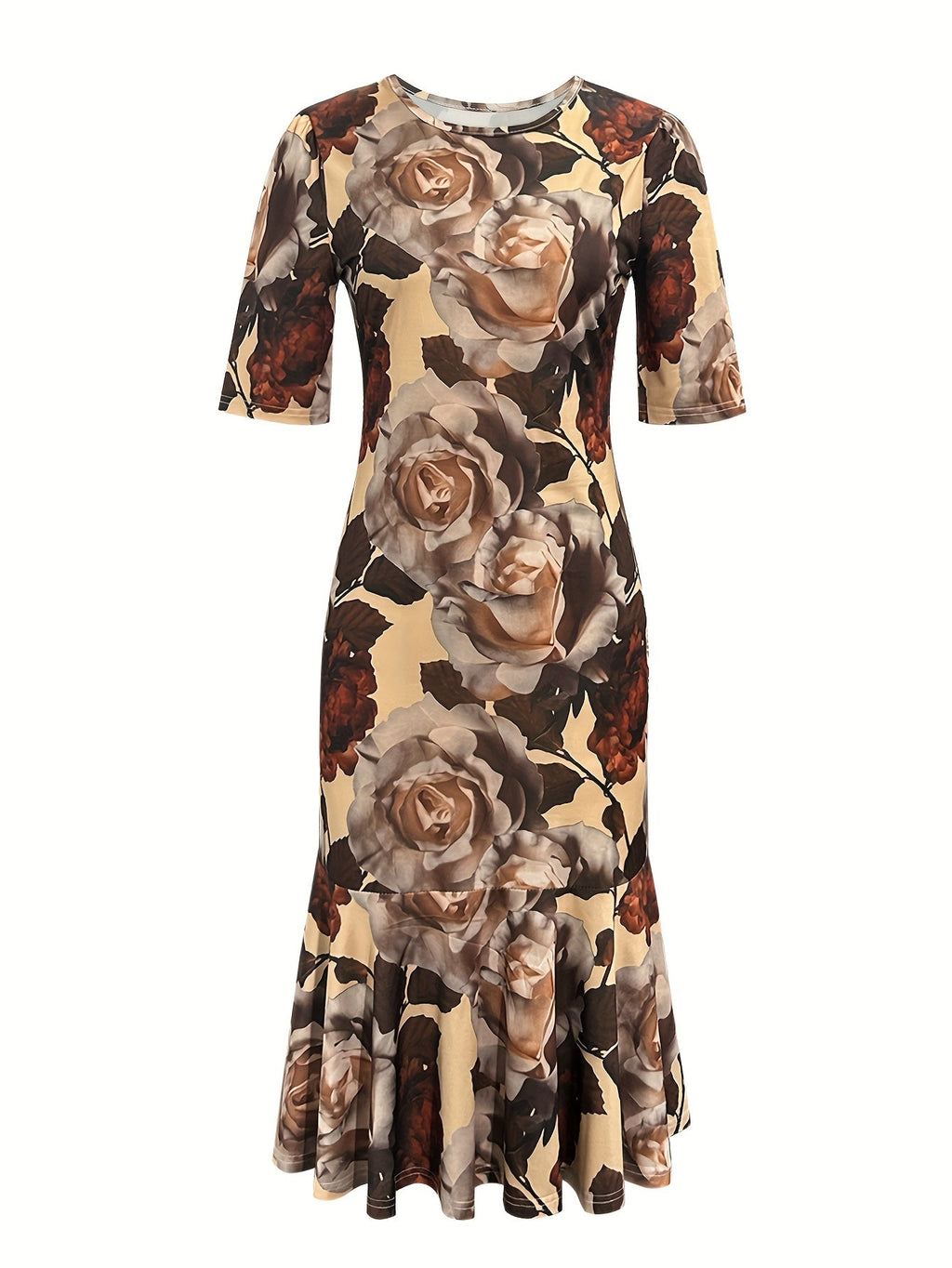 SHOWLU FASHION Women's floral print retro peplum dress with crew neck, showcasing vibrant flower patterns and fitted waist design.
