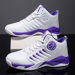 Men's High-Top Basketball Shoes - Stylish & Sporty, Breathable Synthetic Faux Leather with Non-Slip Rubber Sole, Comfortable for Daily Wear & Athletic Activities, Black & Red with Basketball Emblem, Basketball Accessories