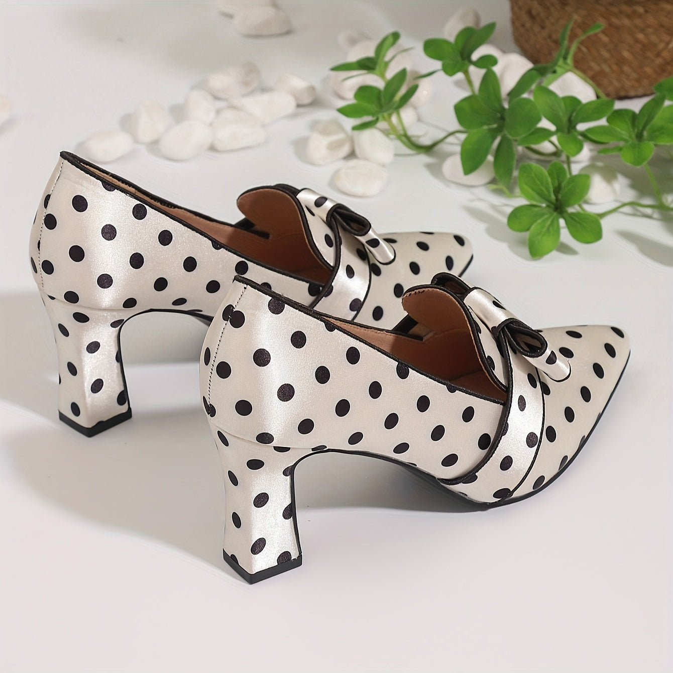 SHOWLU FASHION polka dot bowknot pumps with pointed toe and block high heels, stylish women's footwear.