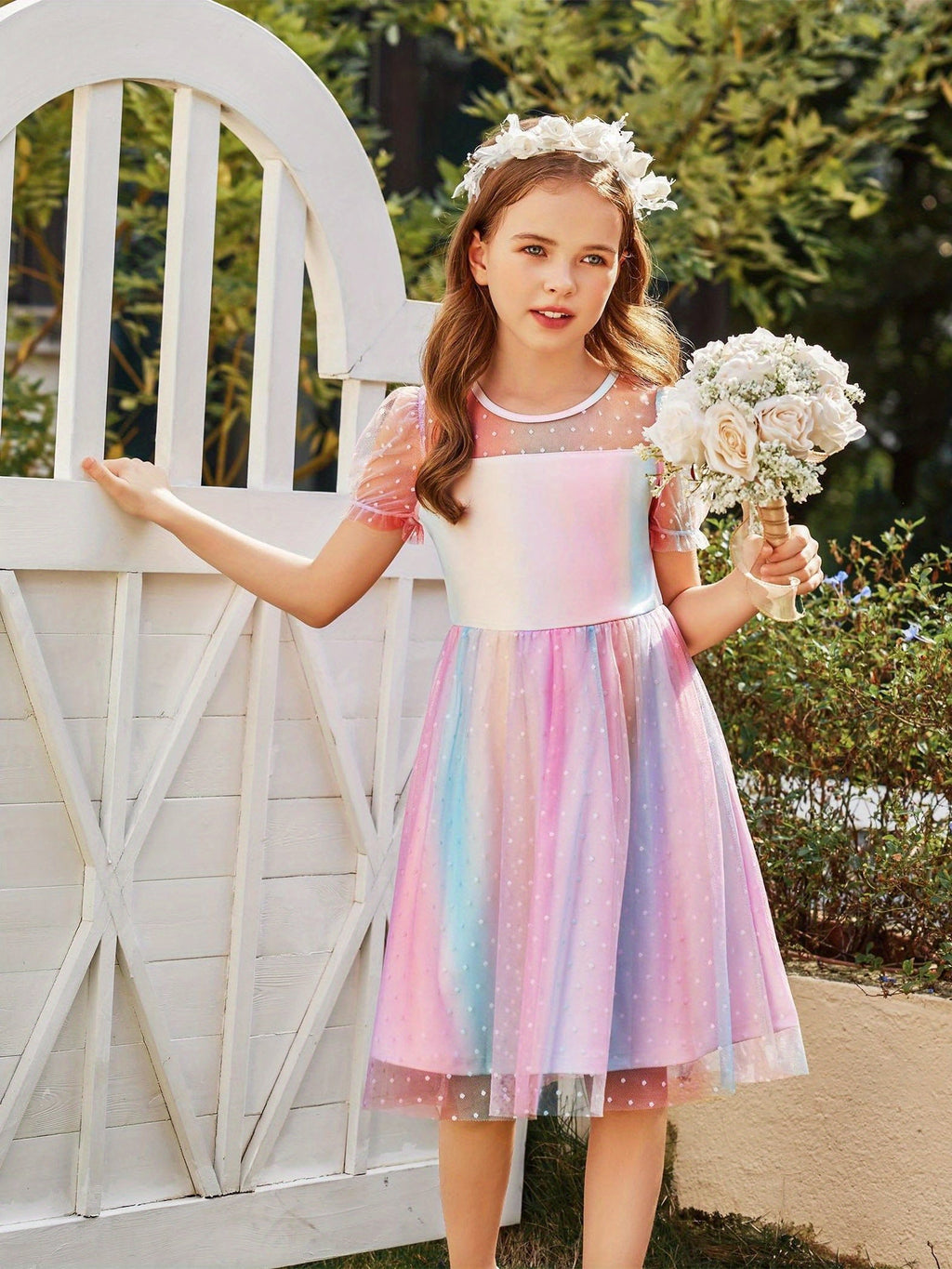 SHOWLU Girls mesh puffy short sleeve A-line knee-length party dress with ruffled bodice and layered skirt, perfect for special occasions.