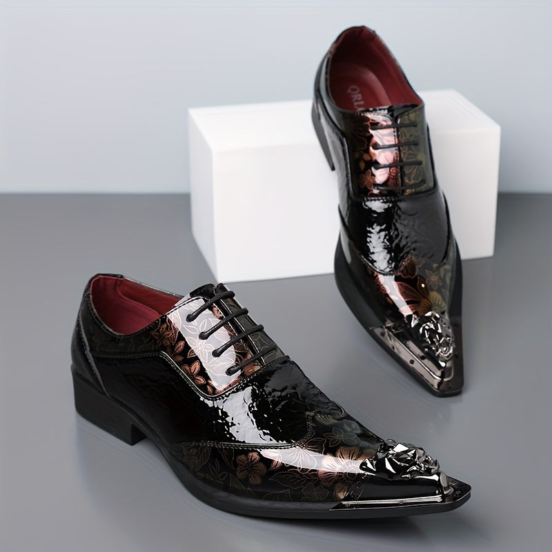 Men's British style pointed toe PU leather lace-up shoes in black, featuring sleek design and polished finish.