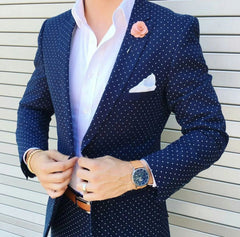 Dark Blue Dot Men's Suit Peaked Lapel Blazers Wedding Male Tuxedos One Button Slim Fit Groom Wear 2 Pieces Prom Jacket And Pants - SHOWLU FASHION STORE