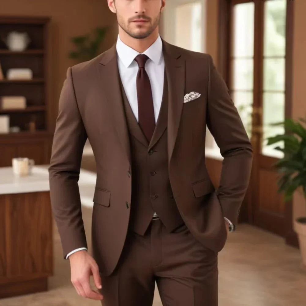 Dark brown men's 3-piece slim fit suit by SHOWLU FASHION STORE, featuring a single-breasted tuxedo style for formal or casual occasions.