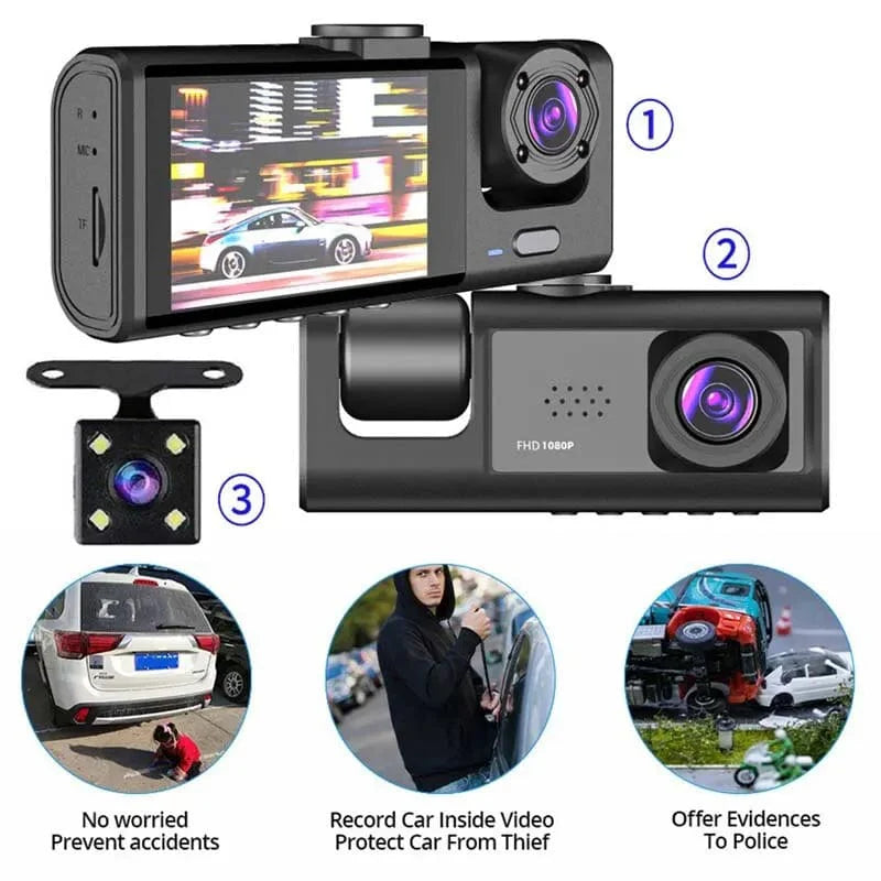 Baideluo 3-lens dash cam with 1080P night vision, 2" IPS screen, and loop recording for car security and footage.