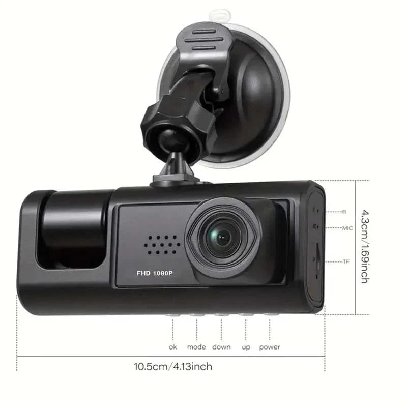 Baideluo 3-lens dash cam with 1080P night vision, 2-inch IPS screen, and loop recording for car surveillance.