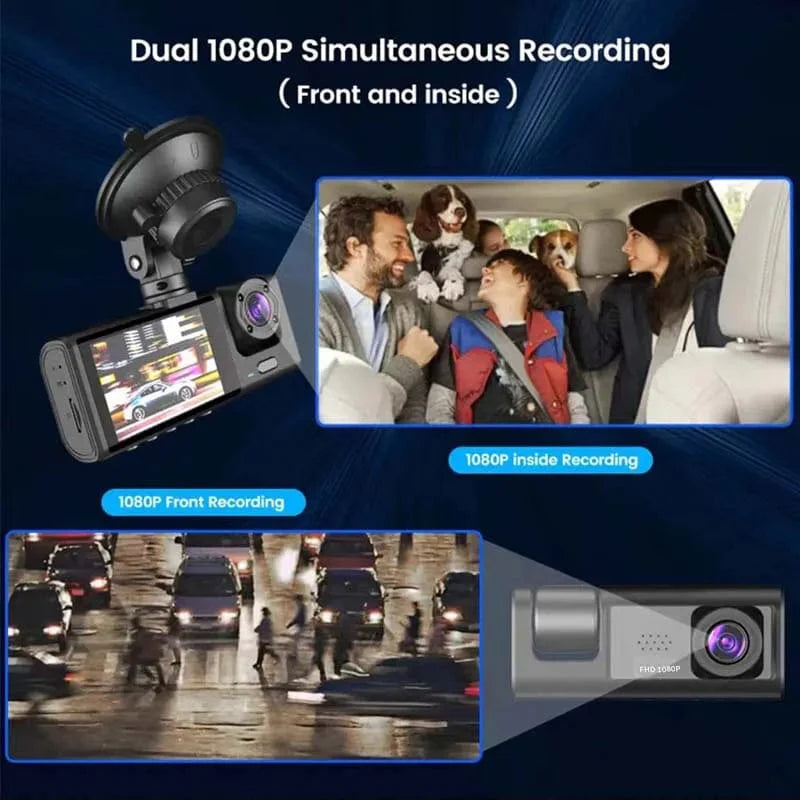 Baideluo 3-lens dash cam with 1080P night vision, 2-inch IPS screen, and loop recording for vehicle security.