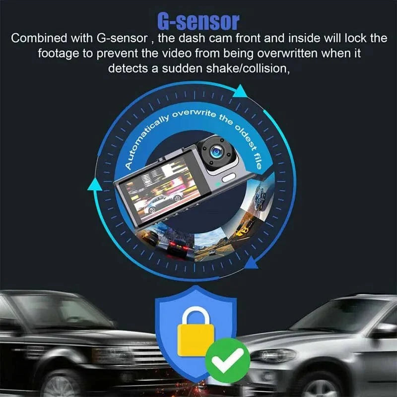 Baideluo 3-lens dash cam with 1080P night vision, 2-inch IPS screen, and loop recording for vehicle security.
