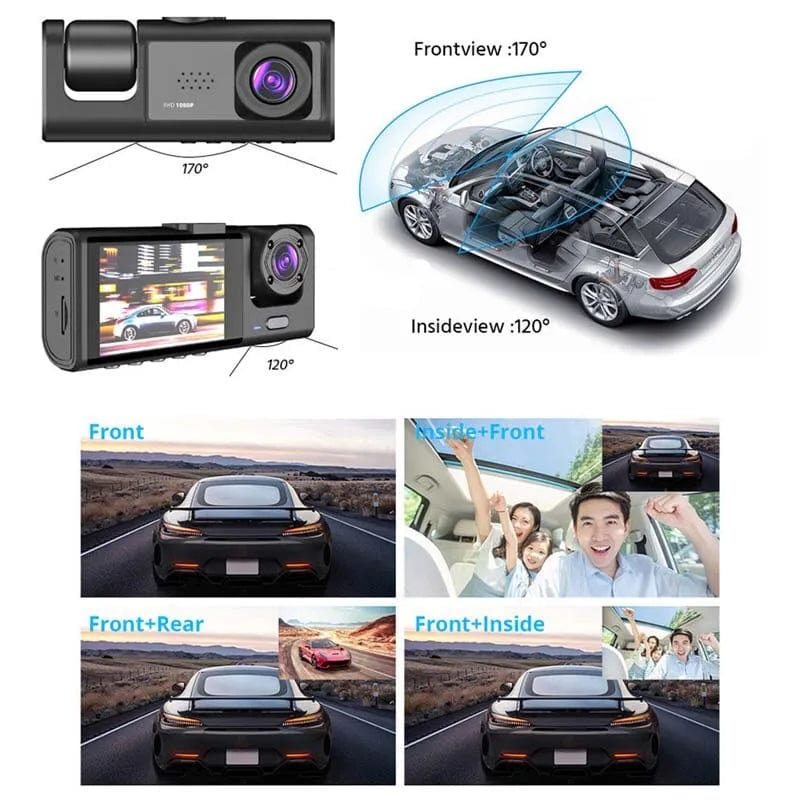 Baideluo 3-lens dash cam with 1080P night vision, 2" IPS screen, and loop recording for car DVR security and recording.