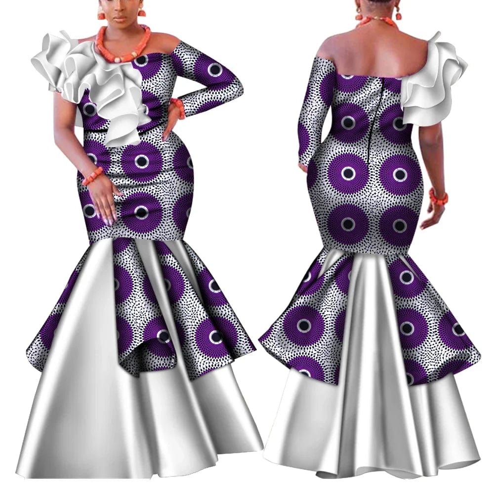 Wingfei women's dashiki African dress, one-shoulder cotton party gown with traditional design and vibrant colors, suitable for weddings and events.