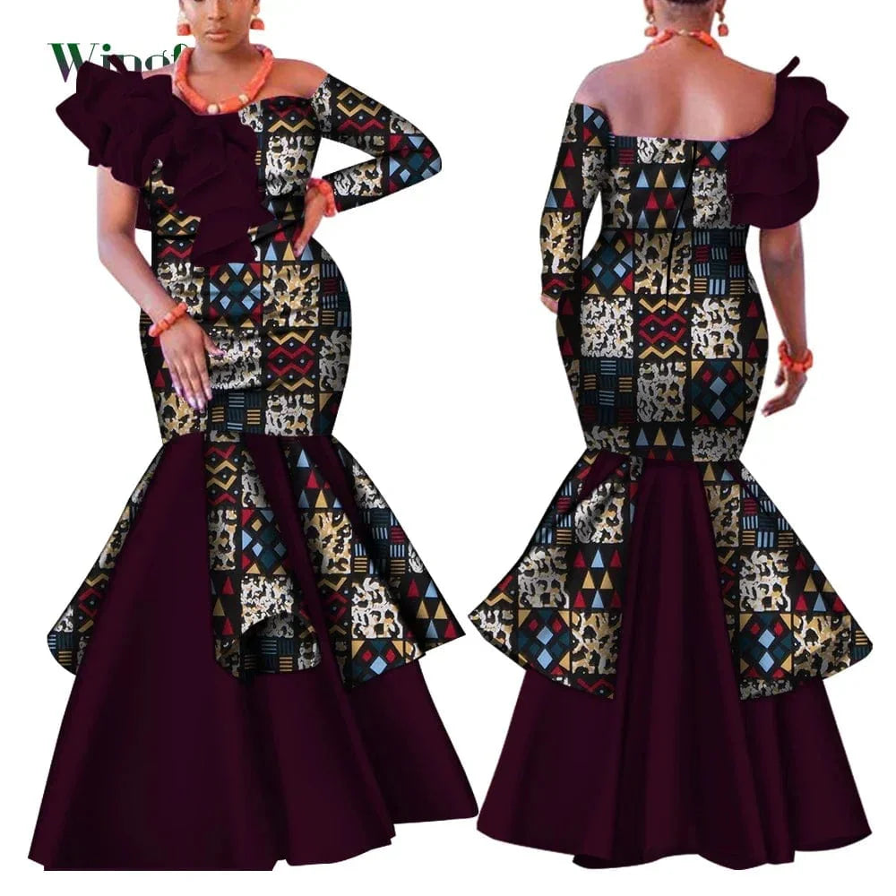 Wingfei Women's Dashiki African Dress, one-shoulder cotton party gown with traditional design and vibrant colors for special occasions