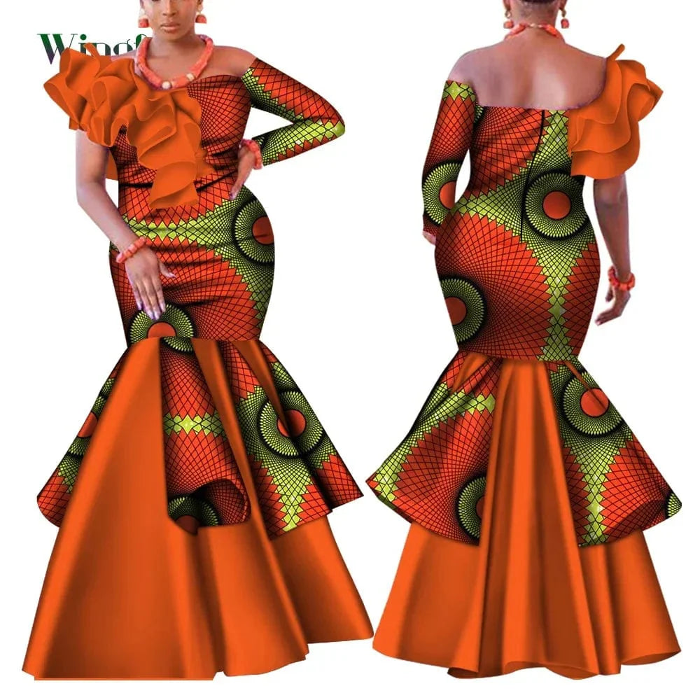 Wingfei Women's African Dashiki dress with one-shoulder design, made of cotton, suitable for parties and traditional occasions.