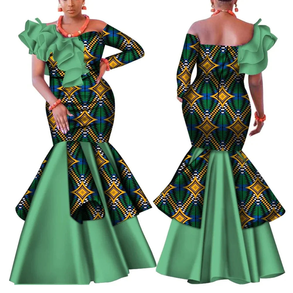 Wingfei Women's African Dashiki Dress, one-shoulder cotton gown with traditional design, suitable for parties and celebrations.