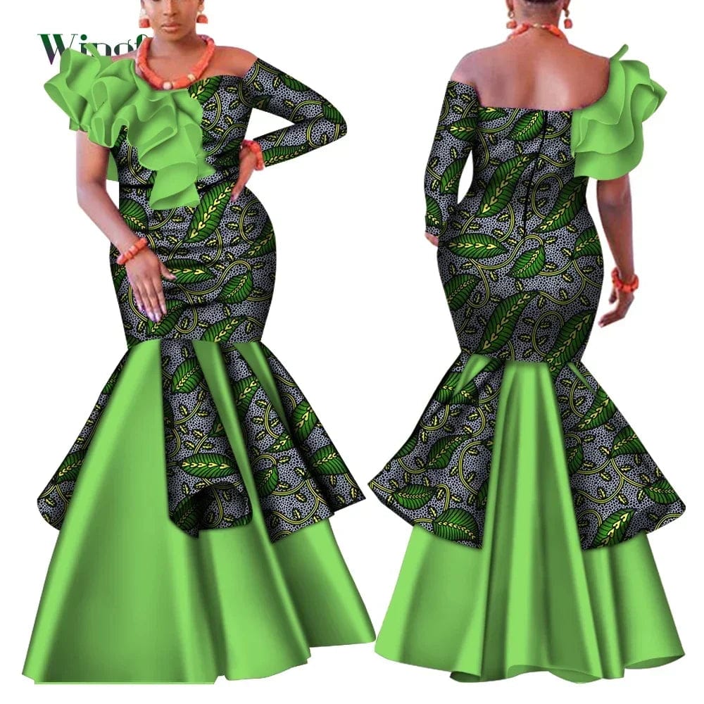 Wingfei Women's Dashiki African Dress, one-shoulder cotton party gown with traditional design and vibrant colors.