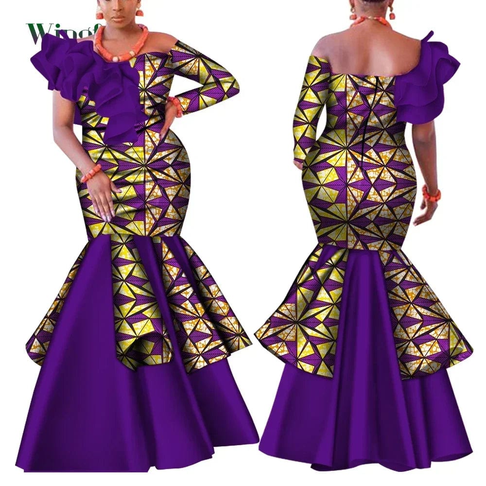 Dashiki African Dress for Women Bazin Riche One - Shoulder Sexy Slash Neck Wedding Party Dress Traditional African Clothing WY4224 - SHOWLU FASHION STORE