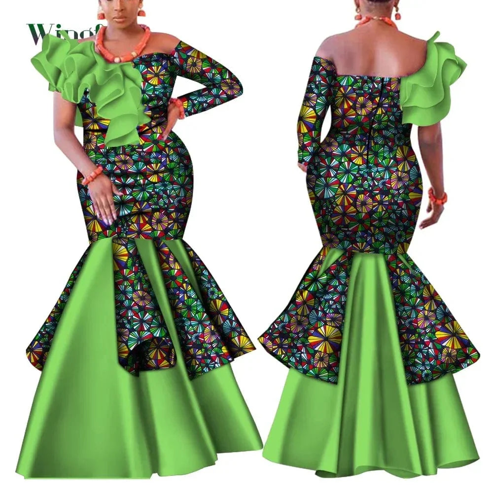 Wingfei Women's Dashiki African dress with one-shoulder design, cotton fabric, suitable for parties or traditional events.