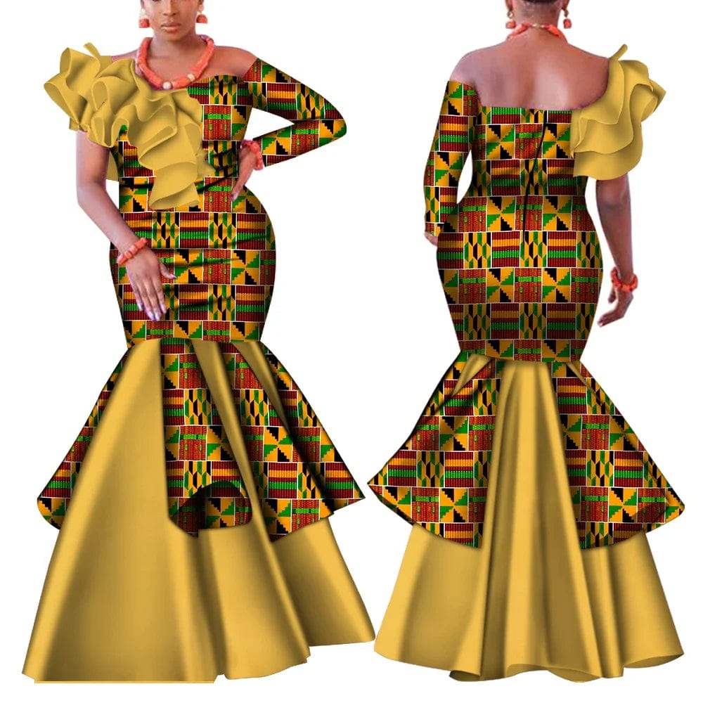 Dashiki African Dress for Women Bazin Riche One - Shoulder Sexy Slash Neck Wedding Party Dress Traditional African Clothing WY4224 - SHOWLU FASHION STORE