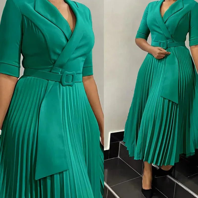 Dashiki African Dresses for Women Autumn Elegant Half Sleeve V - neck Polyester Pleat Long Dress Ankara Dresses African Clothes - SHOWLU FASHION STORE