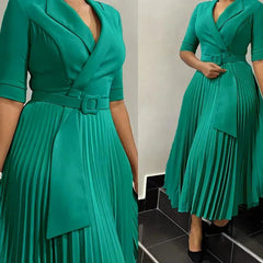 Dashiki African Dresses for Women Autumn Elegant Half Sleeve V - neck Polyester Pleat Long Dress Ankara Dresses African Clothes - SHOWLU FASHION STORE