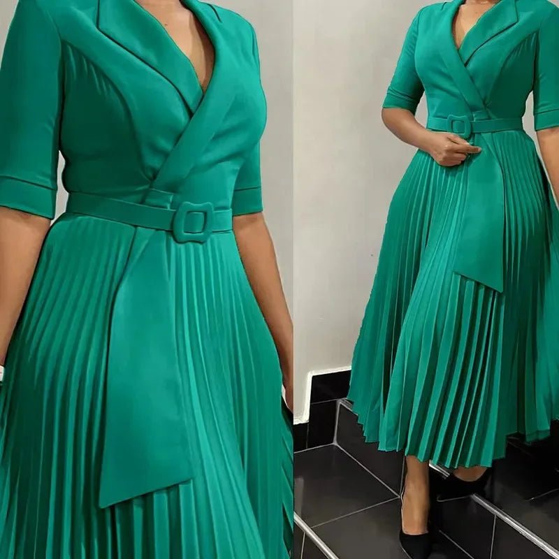Dashiki African Dresses for Women Autumn Elegant Half Sleeve V - neck Polyester Pleat Long Dress Ankara Dresses African Clothes - SHOWLU FASHION STORE