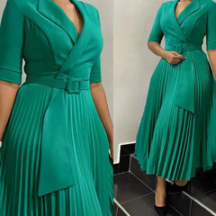 Dashiki African Dresses for Women Autumn Elegant Half Sleeve V - neck Polyester Pleat Long Dress Ankara Dresses African Clothes - SHOWLU FASHION STORE