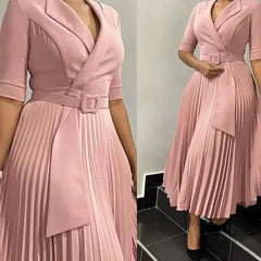 Dashiki African Dresses for Women Autumn Elegant Half Sleeve V - neck Polyester Pleat Long Dress Ankara Dresses African Clothes - SHOWLU FASHION STORE
