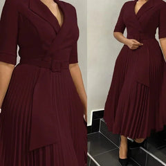 Dashiki African Dresses for Women Autumn Elegant Half Sleeve V - neck Polyester Pleat Long Dress Ankara Dresses African Clothes - SHOWLU FASHION STORE