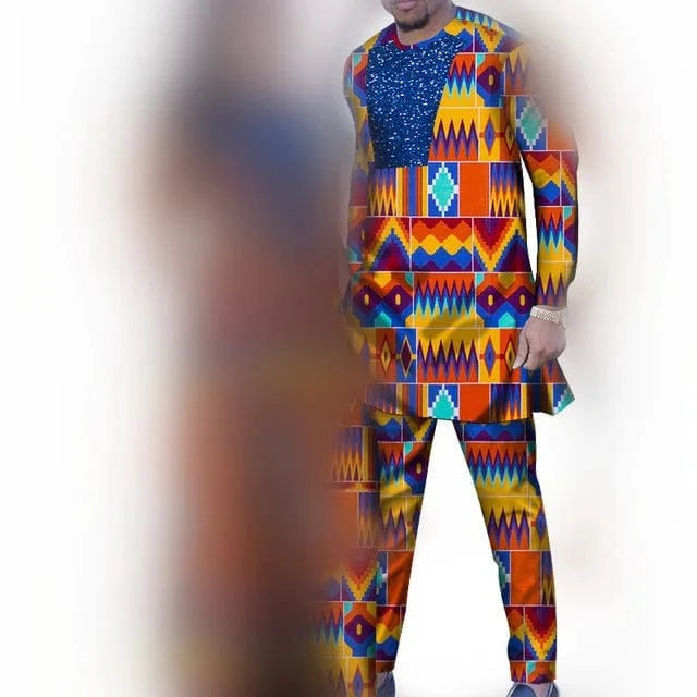 African couple outfits featuring a women's mermaid dress and men's pant set in colorful dashiki and bazin riche fabrics for special occasions