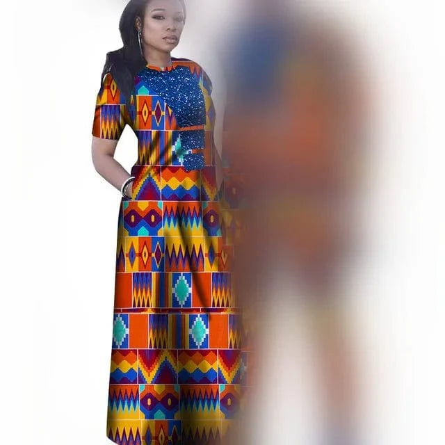 African couple outfits featuring a woman in a dashiki mermaid dress and a man in matching pants, vibrant traditional African attire.