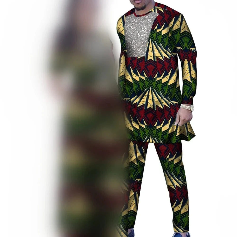 African couple outfits featuring a women's mermaid dashiki dress and men's matching pants set for wedding or party occasions.