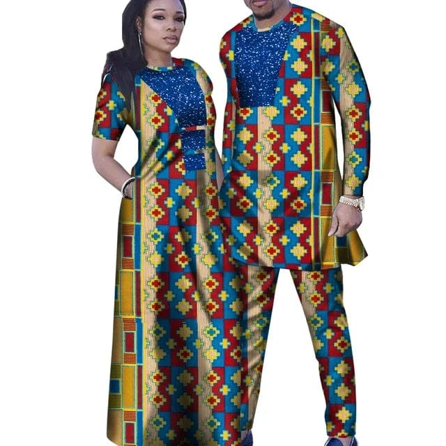 African couple outfits featuring a woman in a mermaid dashiki dress and a man in matching pants, vibrant traditional African attire.