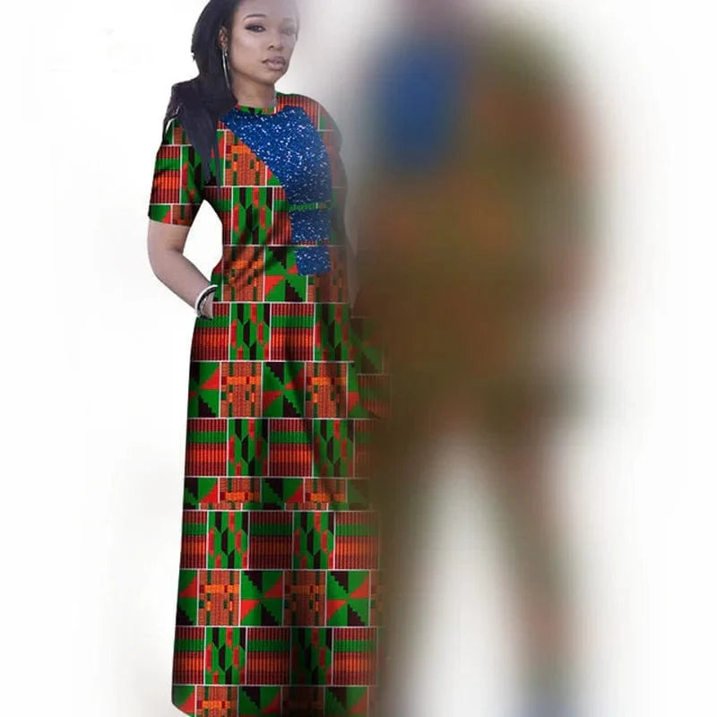 African couple outfits featuring a woman in a dashiki-inspired mermaid dress and a man in matching pants, vibrant African print designs.