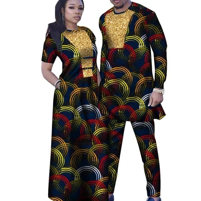 African couple outfits featuring a woman in a mermaid dashiki dress and a man in matching pants, stylish traditional wedding attire.