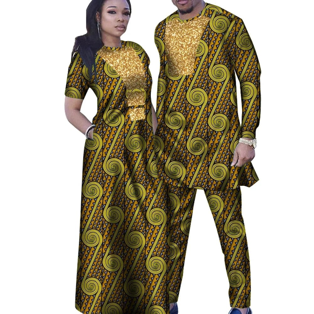 African couple outfits featuring a woman's dashiki mermaid dress and men's matching pant set, vibrant traditional African attire.