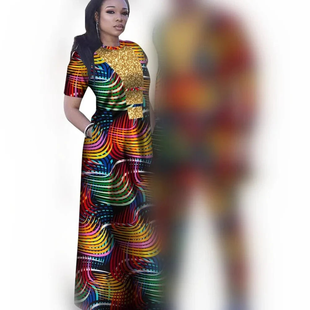 African couple outfits featuring a women's dashiki mermaid dress and men's matching pant set for wedding or party attire.
