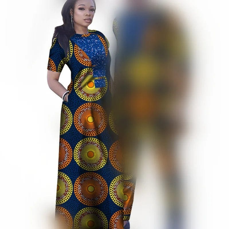 African couple outfits featuring a colorful mermaid dress for women and matching men's pant set, vibrant dashiki style for special occasions