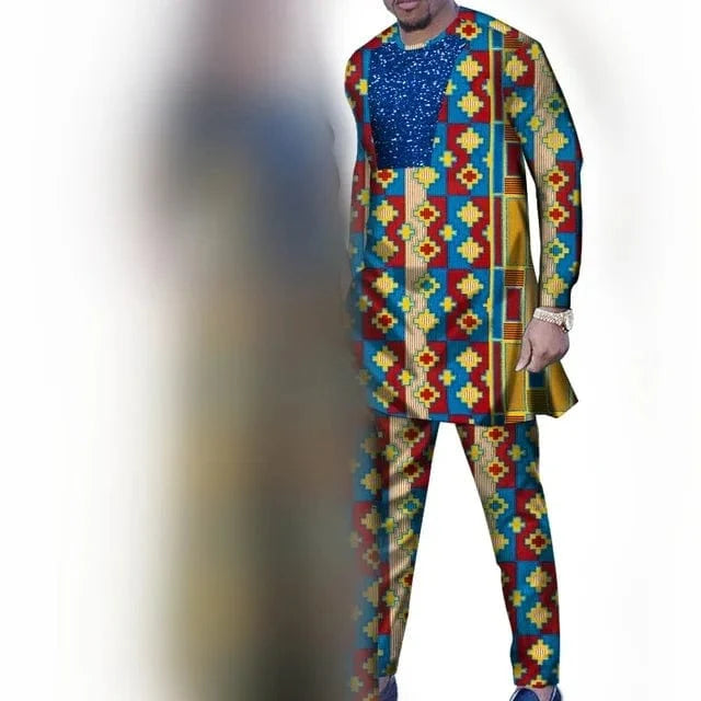 African couple outfits featuring a woman in a dashiki mermaid dress and a man in matching pants for wedding or party attire.