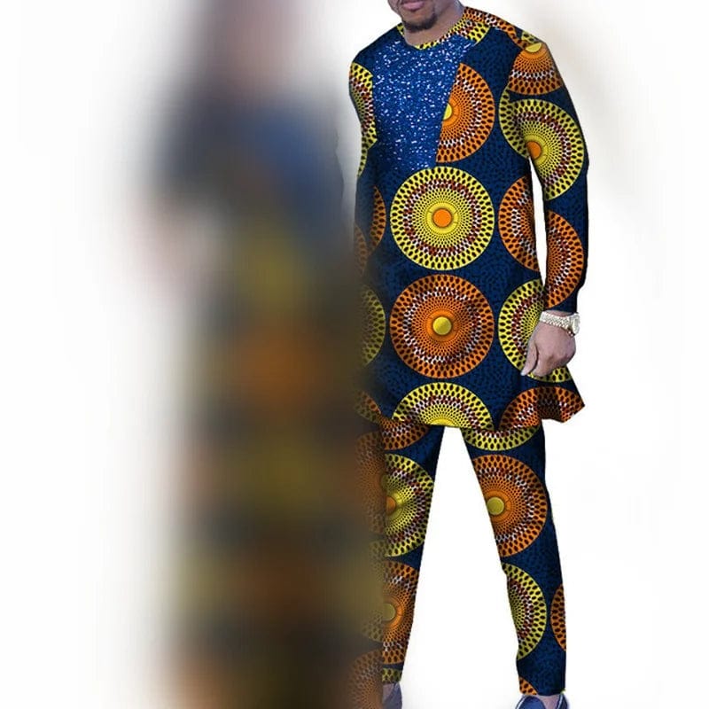 African couple outfits featuring a mermaid dress and men's pant set in vibrant dashiki and bazin riche styles for special occasions.