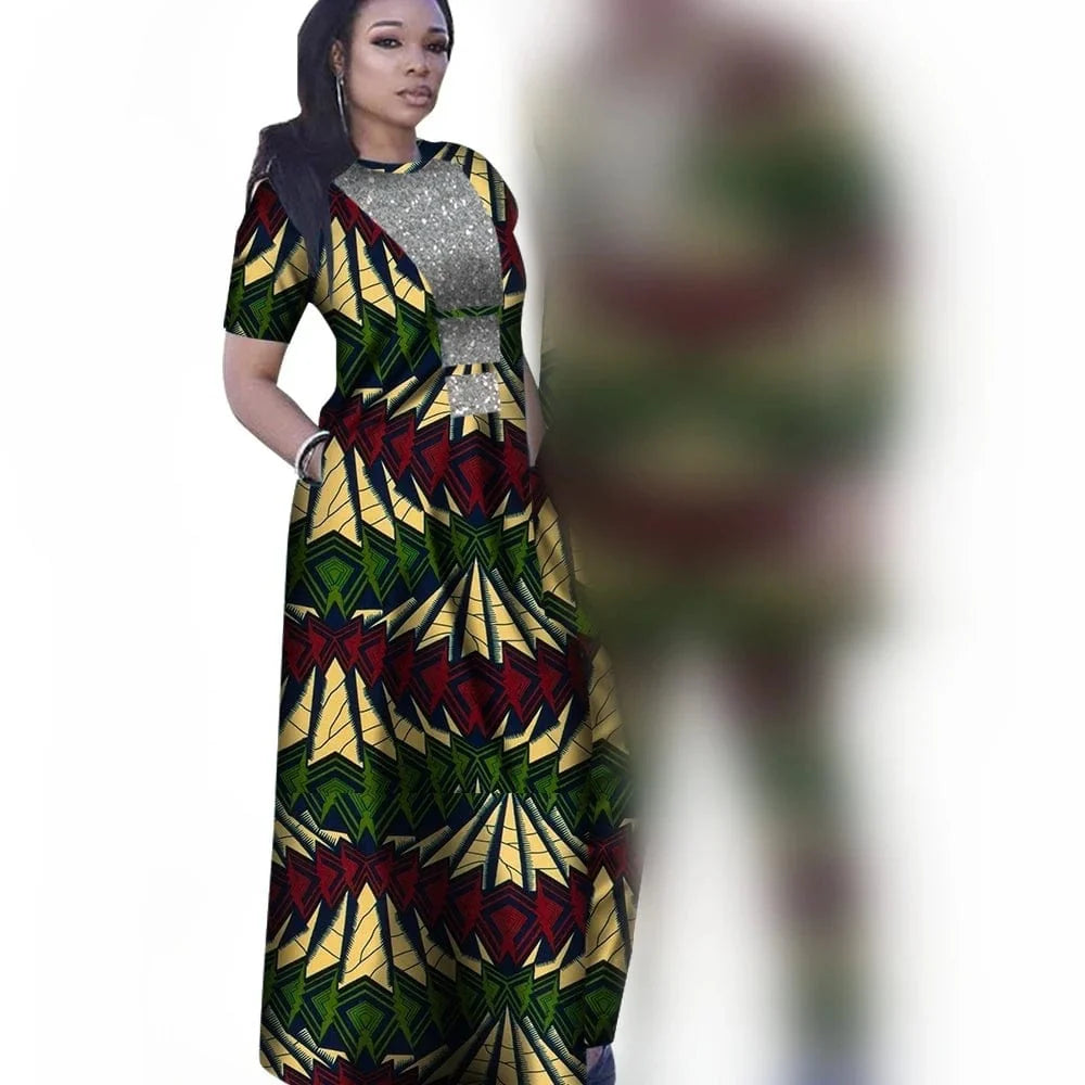 African couple outfits featuring a woman in a mermaid dashiki dress and a man in matching pants for wedding or party attire.