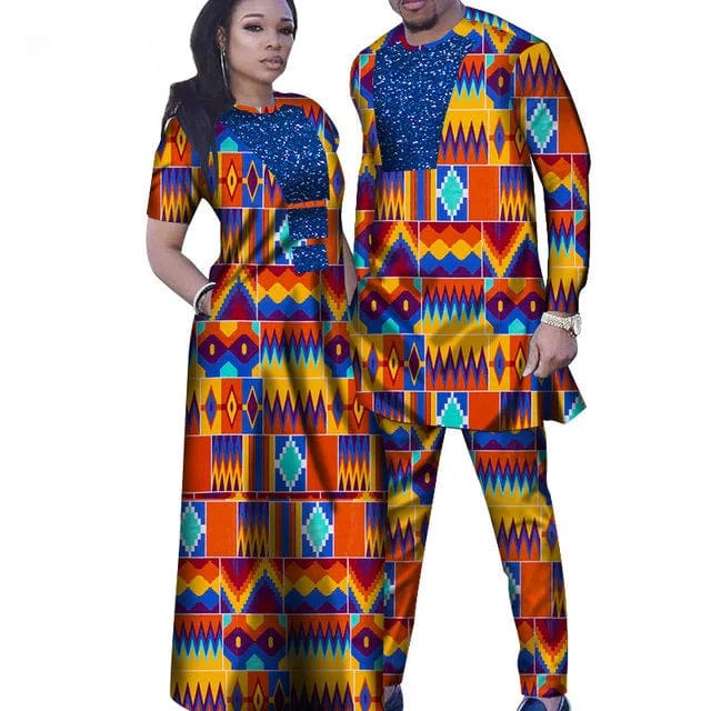 African couple outfits featuring a woman in a mermaid dashiki dress and a man in matching pants, perfect for wedding or party.