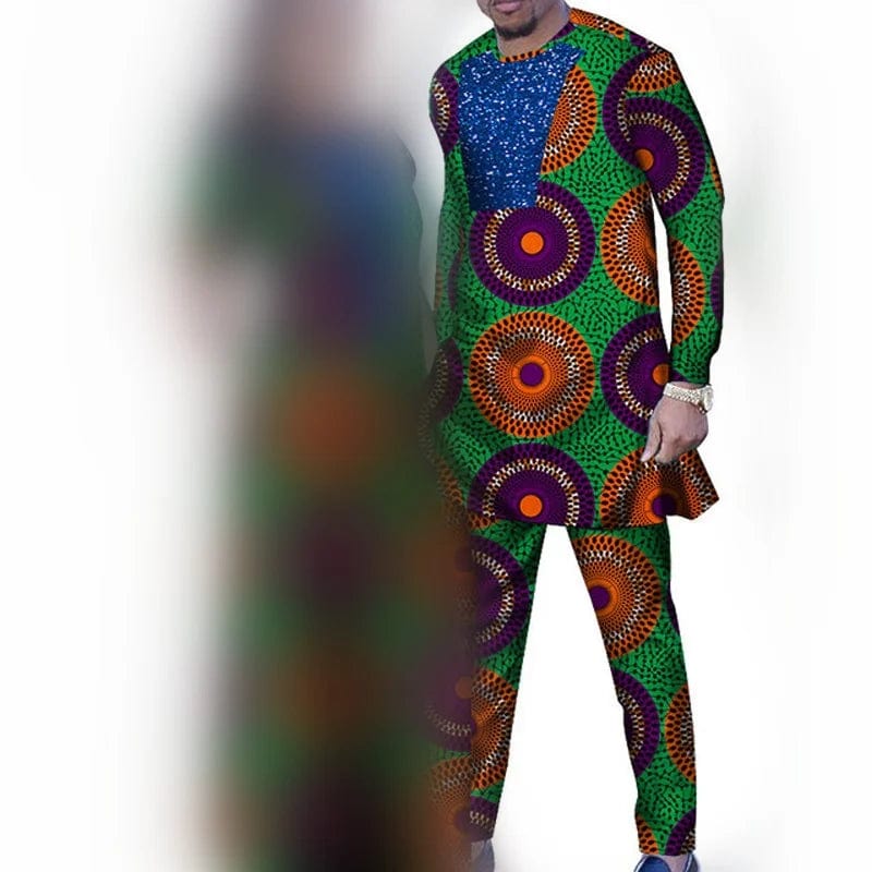 African couple outfits featuring a women's mermaid dashiki dress and men's matching pant set in vibrant traditional fabric.