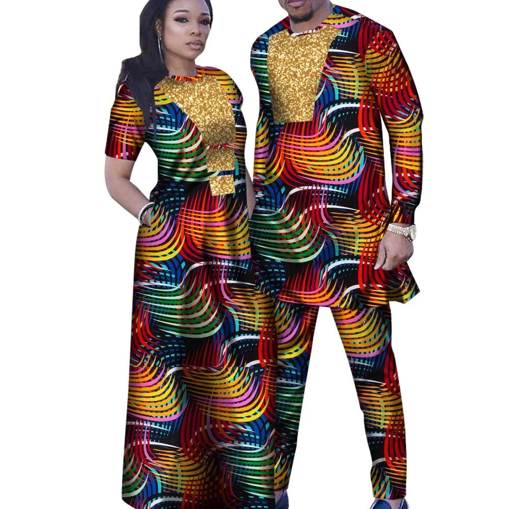 African couple outfits featuring a woman's mermaid dashiki dress and matching men's pants set, vibrant traditional African attire.