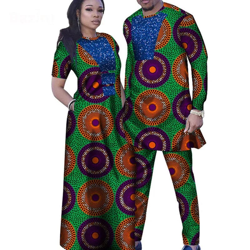 African couple outfits featuring a mermaid dress and men's pant set in vibrant dashiki and bazin riche styles for wedding or party.
