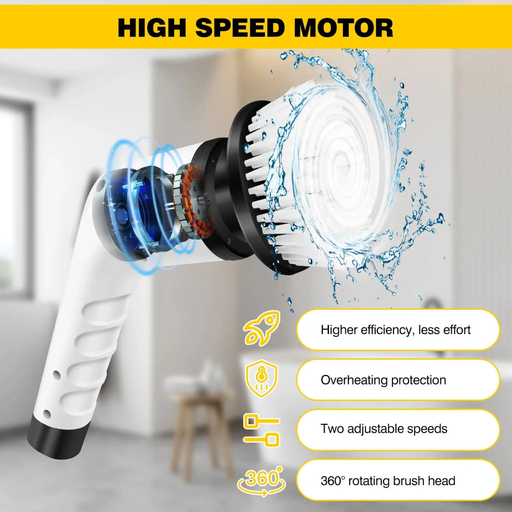 DayPlus cordless electric cleaning brush with 3 interchangeable heads for bathroom, toilet, and floor scrubbing, handheld and rechargeable.