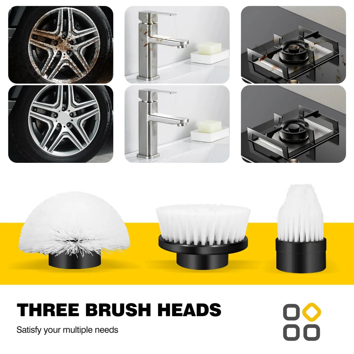 DayPlus cordless electric cleaning brush with three interchangeable heads for bathroom and floor cleaning, handheld and multi-functional.