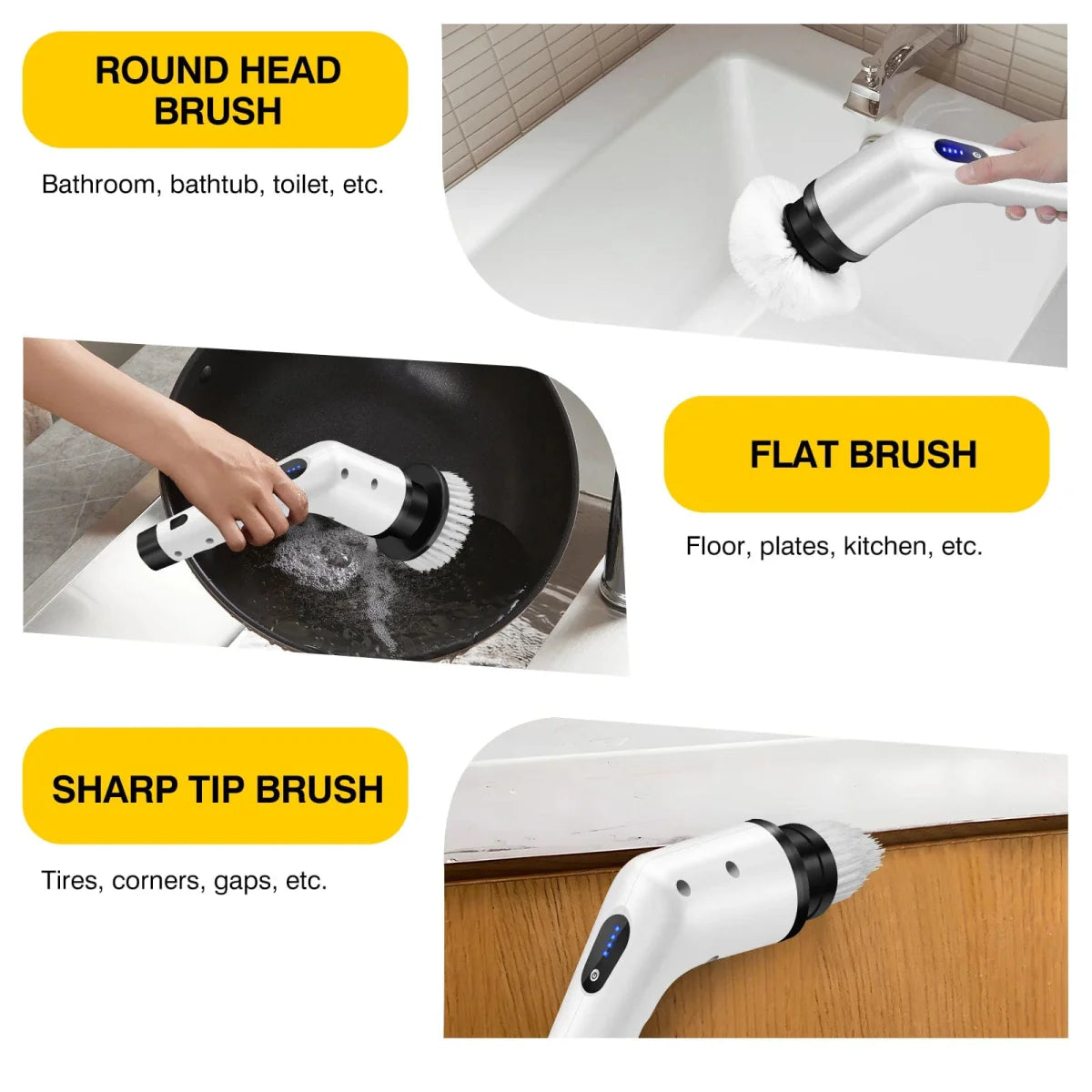 DayPlus cordless electric cleaning brush with three interchangeable heads for bathroom, toilet, and floor cleaning.