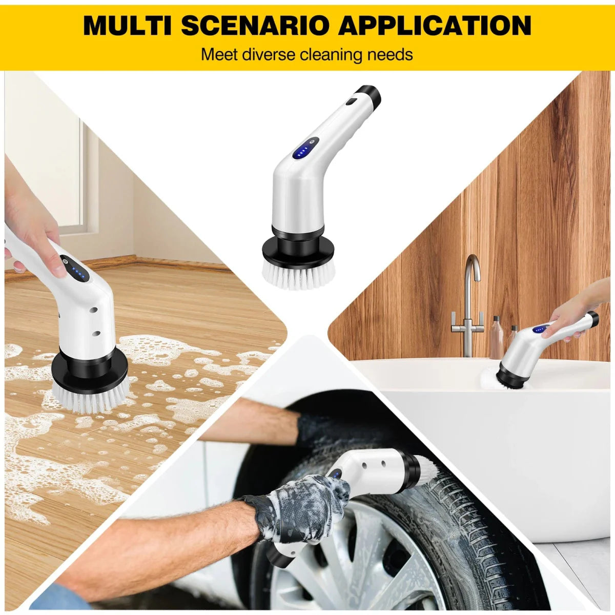 DayPlus cordless electric cleaning brush with three interchangeable heads for bathroom, toilet, and floor cleaning.