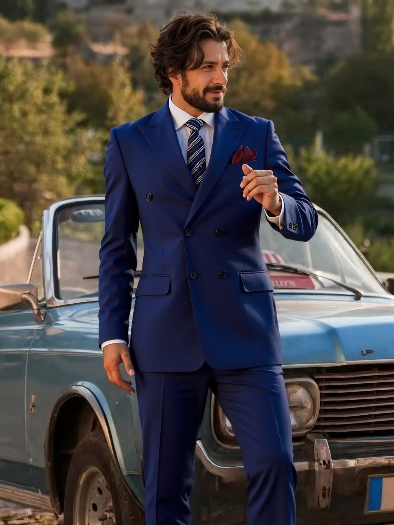 SHOWLU men's double-breasted slim fit tuxedo suit with peak lapels, featuring a tailored jacket and matching trousers for formal occasions.