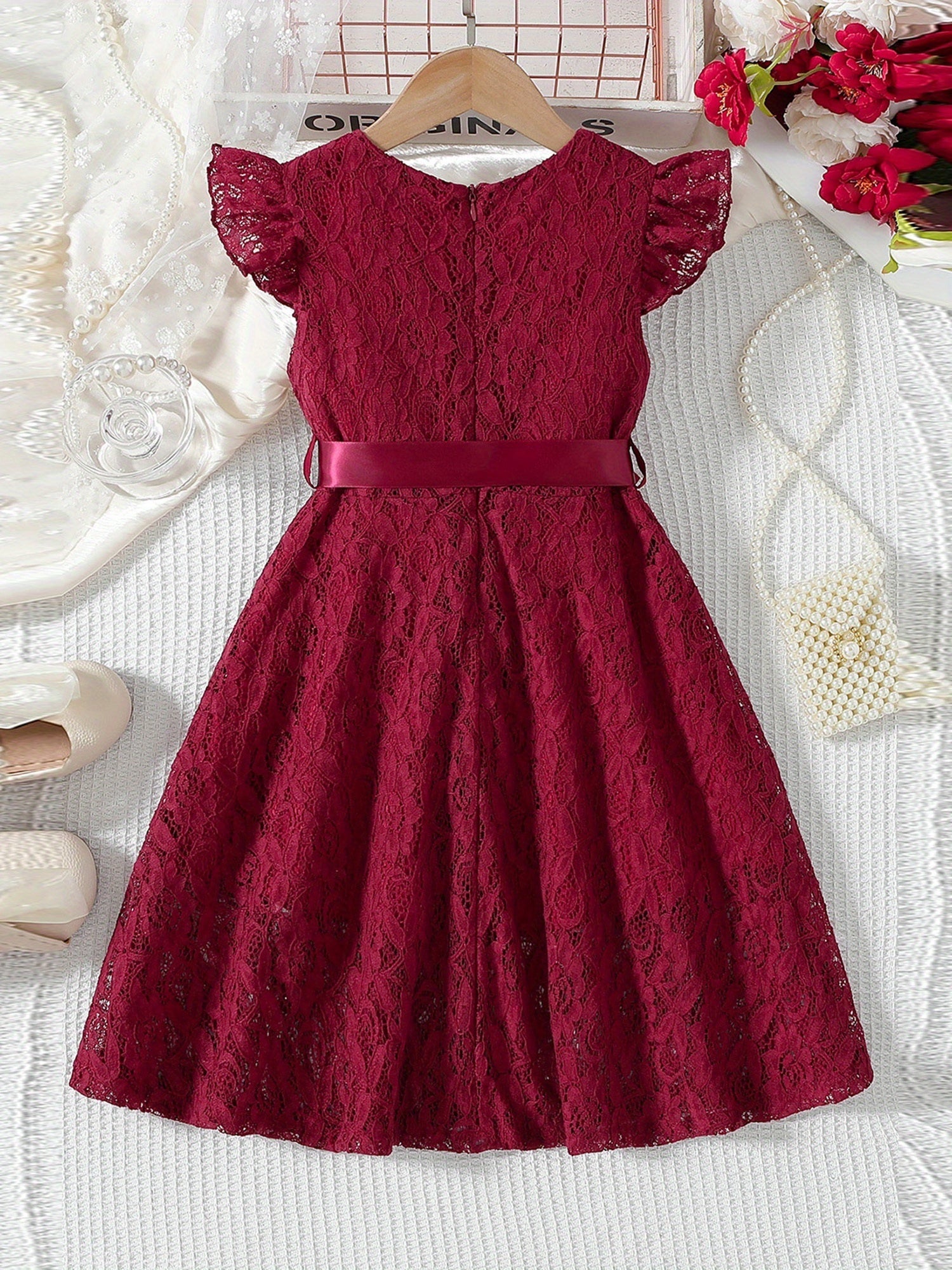 SHOWLU Girls summer dress with lace fly sleeves and belt, solid color woven design, perfect for warm-weather wear.