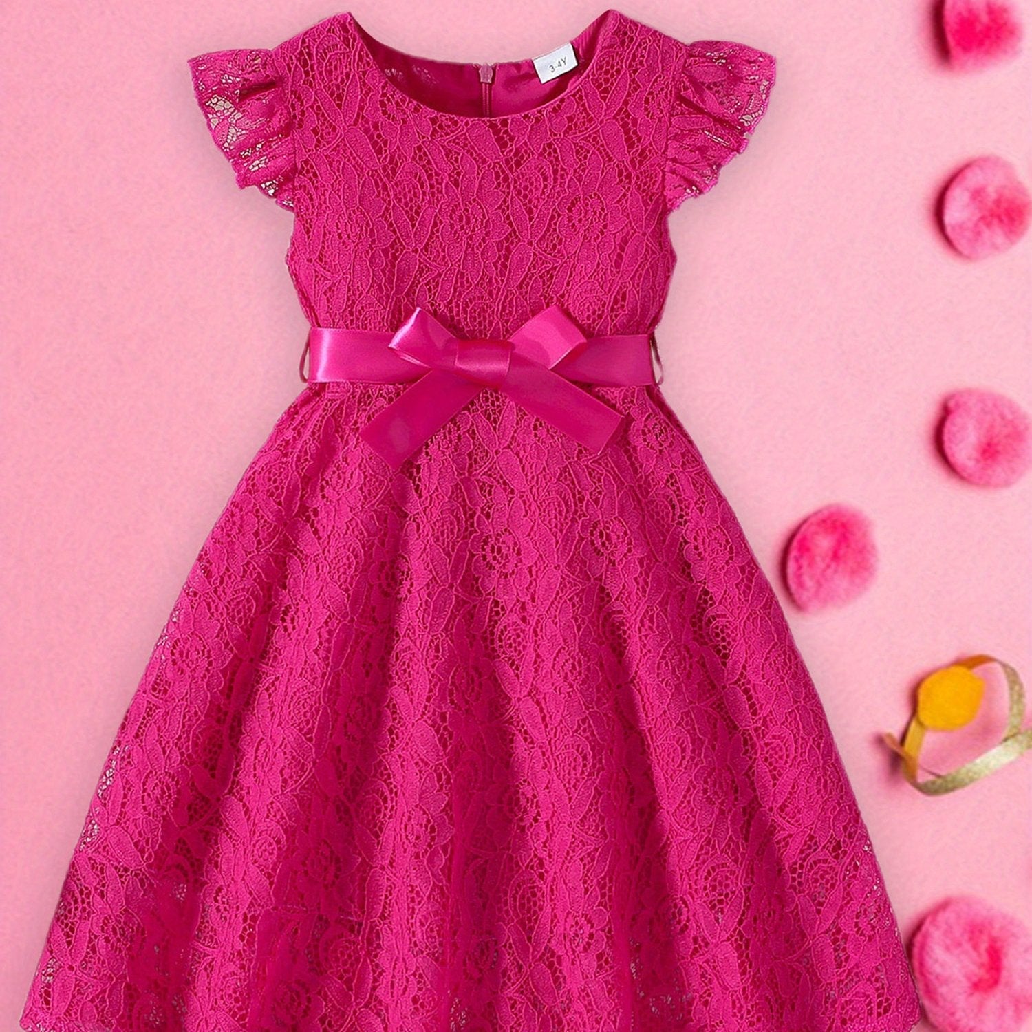 SHOWLU Girls lace fly sleeve summer dress with belt, solid color woven design, featuring lightweight fabric and stylish details.