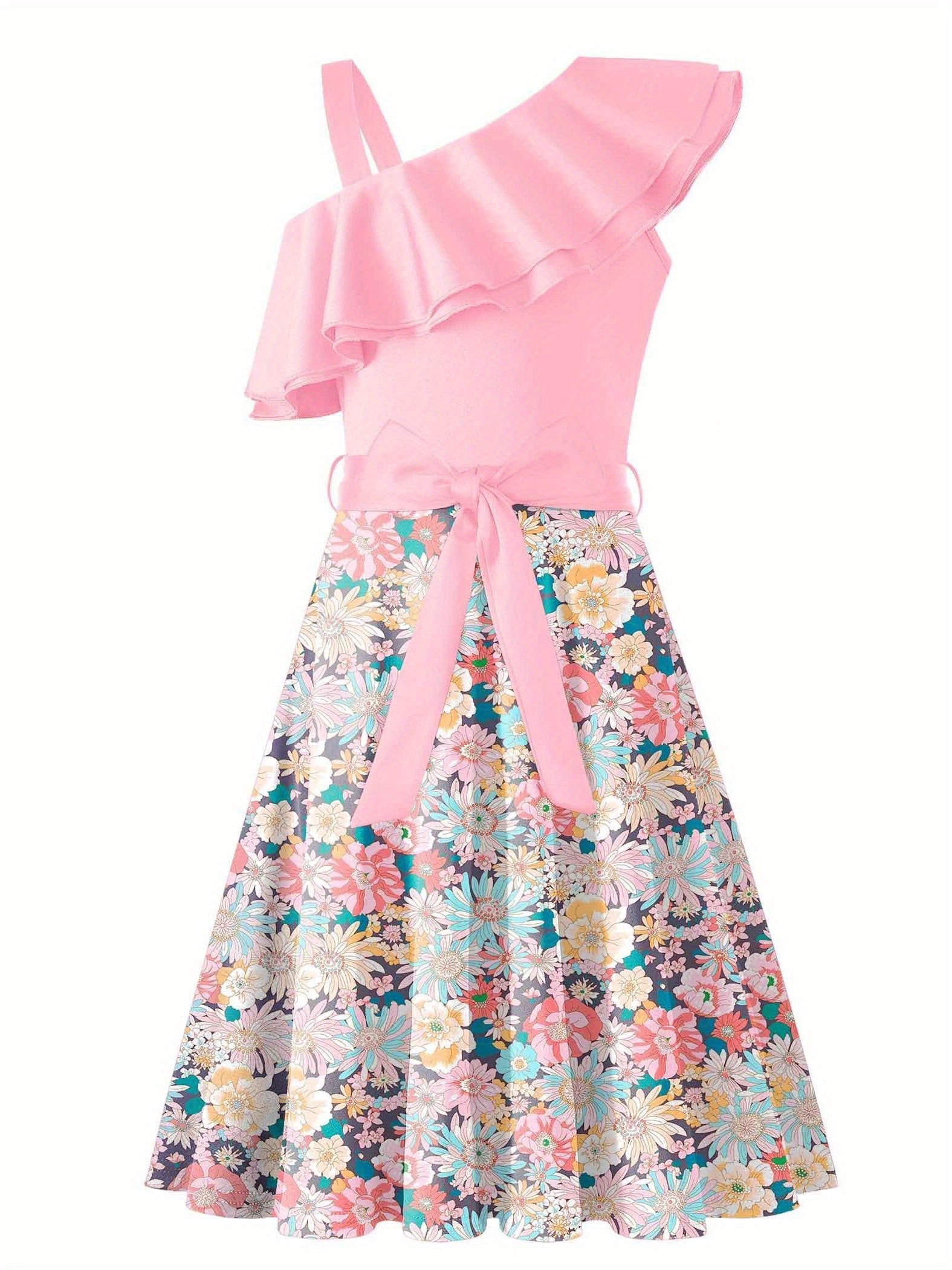 Girls polka dot one-shoulder ruffle A-line dress by SHOWLU FASHION with playful design and stylish ruffle details.